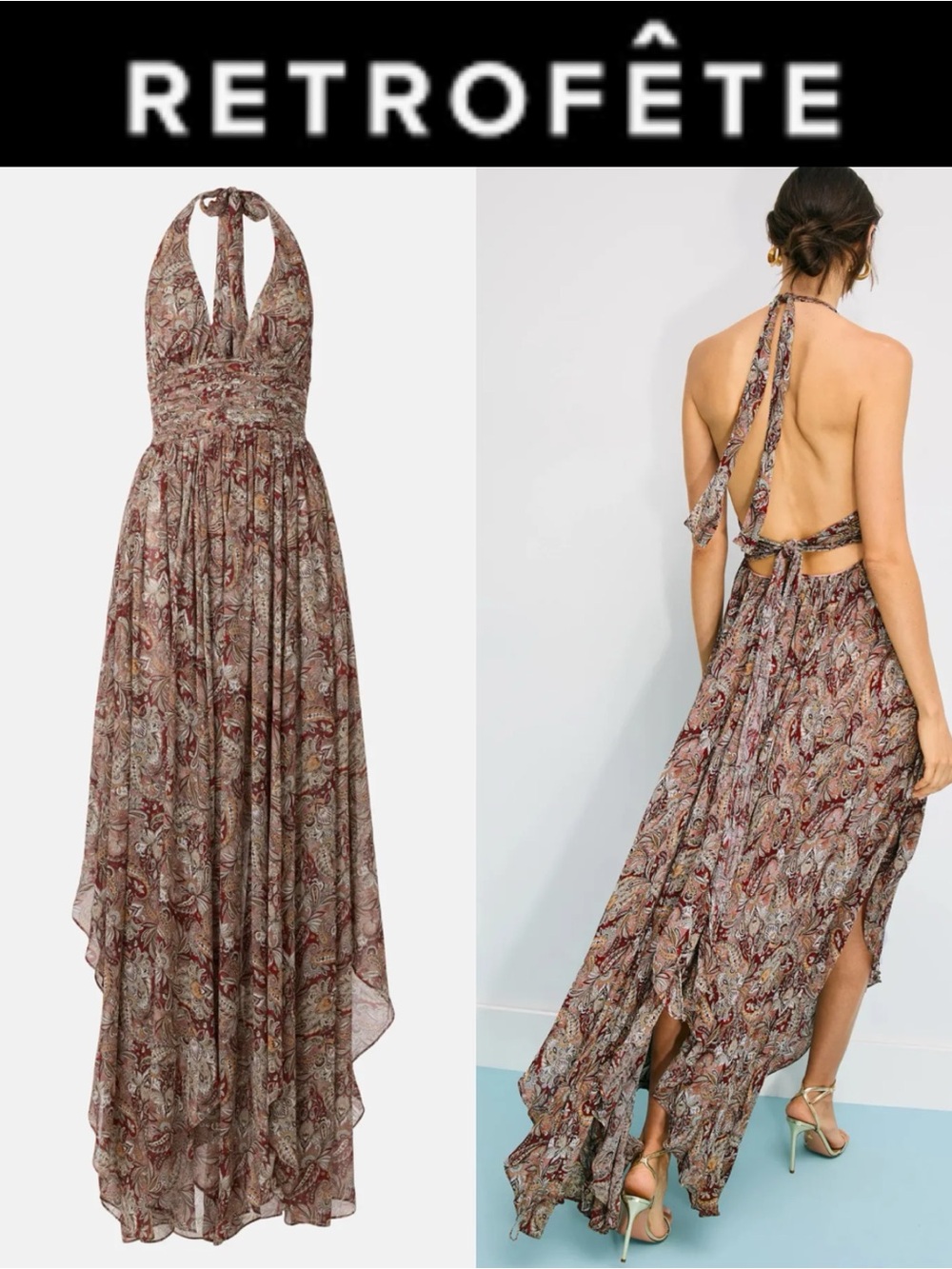 RETROFETE NEW YORK RASHA CHIFFON PAISLEY HALTER MAXI OPEN BACK HI LO HEM SIZE XS